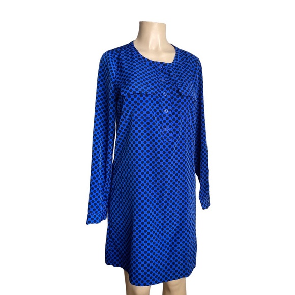 Gap Deborah Polka Dots Blue Black Shirt Dress Knee Shift Pop Over Long Pockets S - Picture 2 of 11